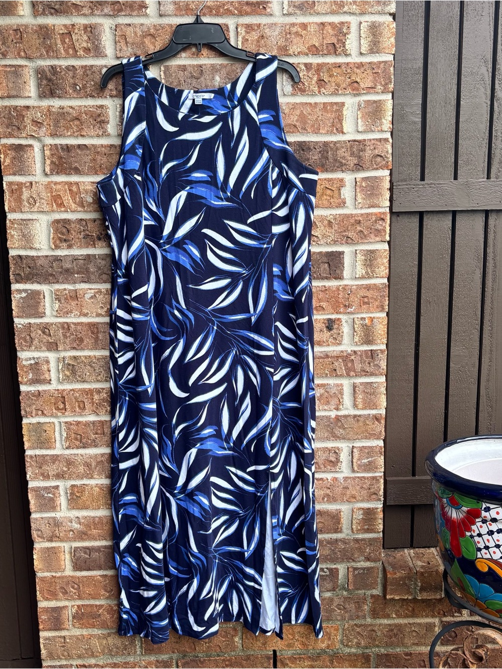 Chico's Navy, Royal Blue & White Leaf-Print Maxi jersey Dress side slit